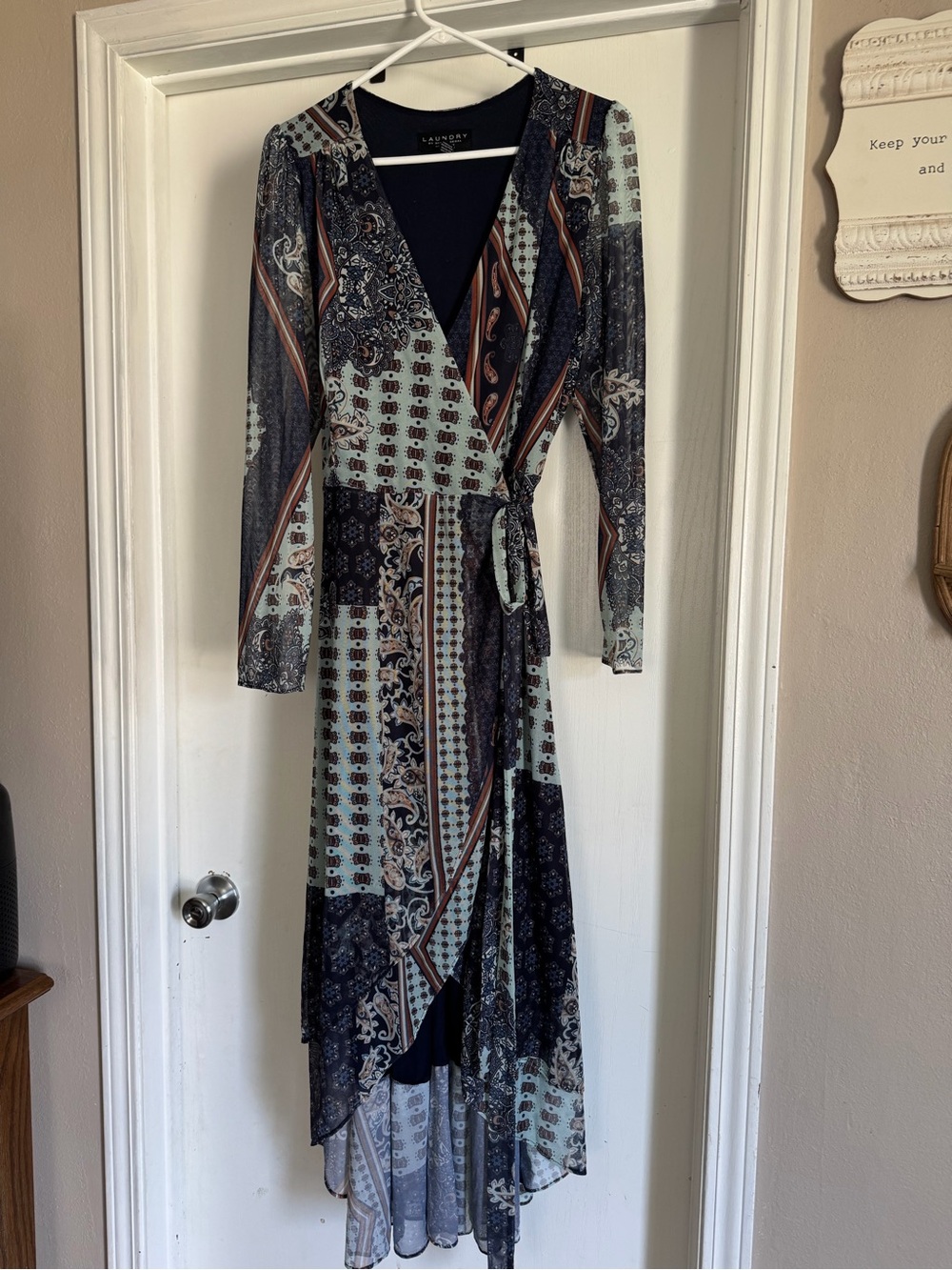 Laundry by Shelli Segal Navy, Mint & Tan Patterned High-Low Wrap Dress